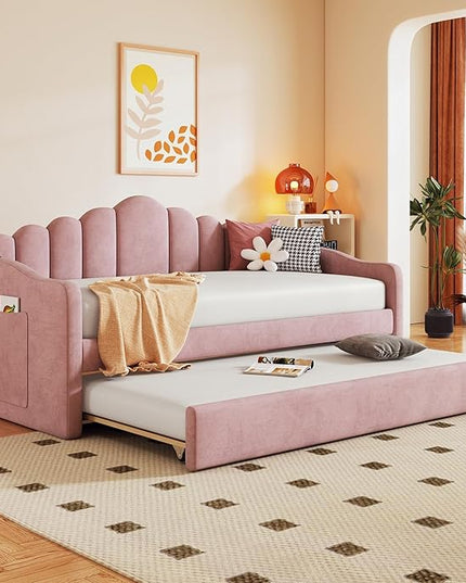 Twin Size Upholstered Daybed with Trundle and Striped Headboard, Velvet Sofa Bed w/USB Charging Ports & Side Pockets, for Bedroom Living Room, No Box-spring Needed, Pink - LeafyLoom