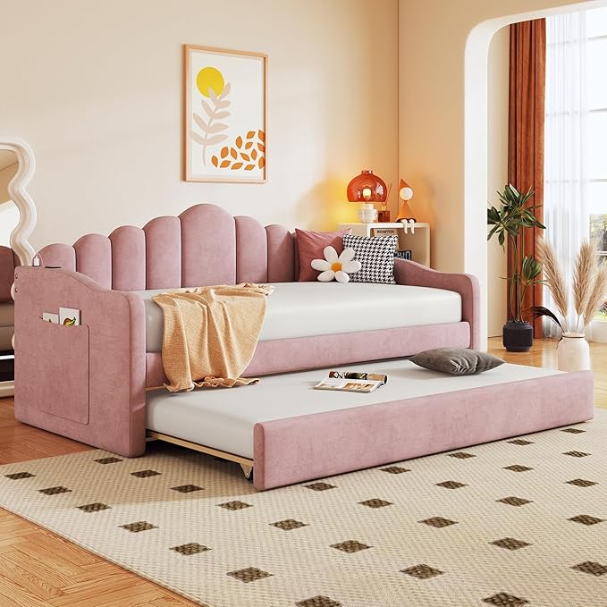 Twin Size Upholstered Daybed with Trundle and Striped Headboard, Velvet Sofa Bed w/USB Charging Ports & Side Pockets, for Bedroom Living Room, No Box-spring Needed, Pink - LeafyLoom