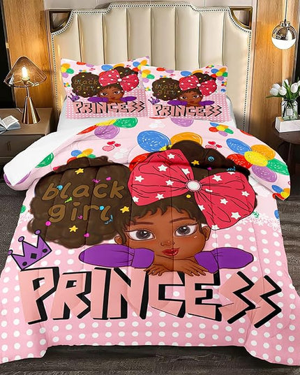 Black Girl Queen Comforter Set Black African American Girls Queen Comforter Set Princess Queen Bedding Set Room Decor Black Girl Kids Queen Bedding Sets for Girls, 1 Comforter+2 Pillowcases - LeafyLoom