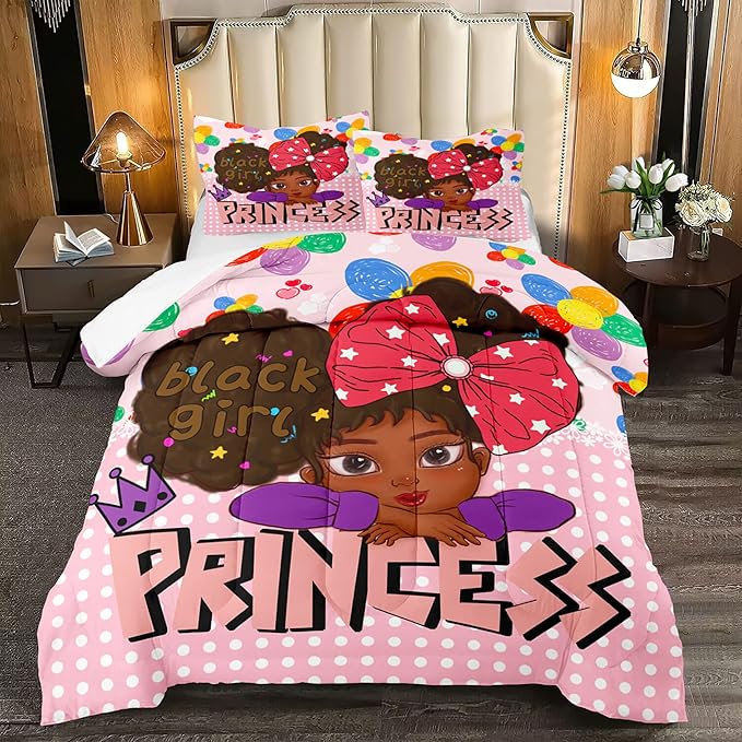 Black Girl Queen Comforter Set Black African American Girls Queen Comforter Set Princess Queen Bedding Set Room Decor Black Girl Kids Queen Bedding Sets for Girls, 1 Comforter+2 Pillowcases - LeafyLoom