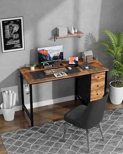 Lufeiya 47 inch Computer Desk with 4 Drawers, Writing Work Study Desk for Home Office Bedroom, Modern Simple Student PC Desks, Rustic Brown - LeafyLoom