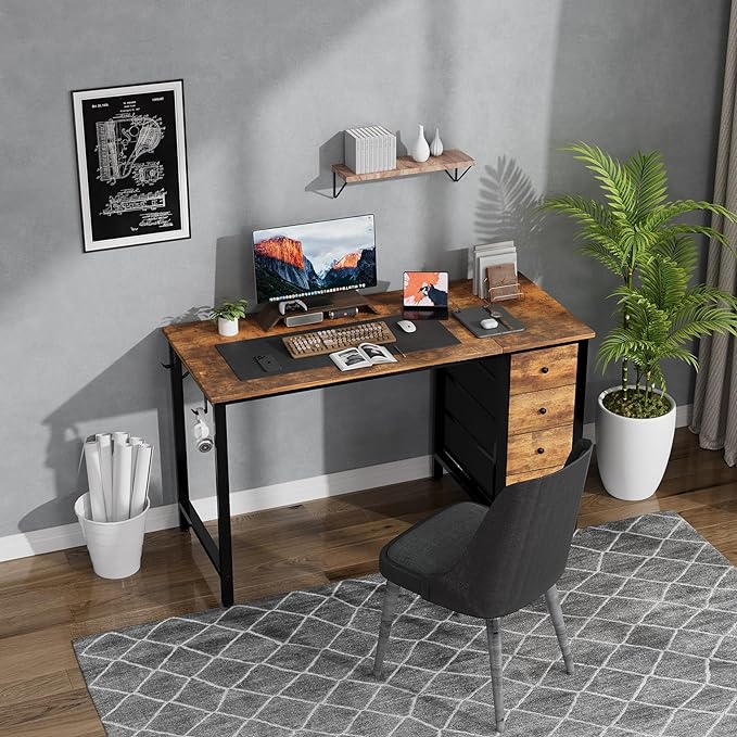 Lufeiya 47 inch Computer Desk with 4 Drawers, Writing Work Study Desk for Home Office Bedroom, Modern Simple Student PC Desks, Rustic Brown - LeafyLoom