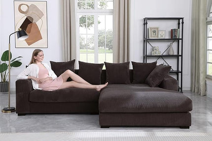 110" Modern L-shaped Sectional Sofa with Big Chaise,Upholstered Sleeper Couch W/ 6 Throw Pillows & Generously Armrests,Easy Assembly,Spacious Loveseat for Living Room Apartment Home,Dark Brown - LeafyLoom