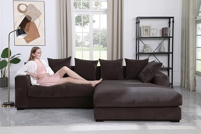 110" Modern L-shaped Sectional Sofa with Big Chaise,Upholstered Sleeper Couch W/ 6 Throw Pillows & Generously Armrests,Easy Assembly,Spacious Loveseat for Living Room Apartment Home,Dark Brown - LeafyLoom