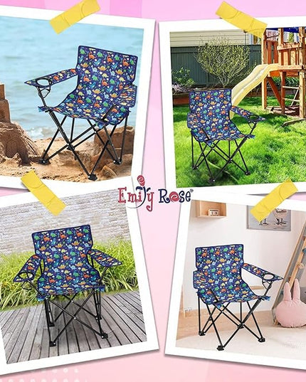 Emily Rose Kids Folding Chair | Beach Chair with Safety Lock- Camping Chair for Boyos Girls Toddler with Cup Holder & Carry Case- Tailgate, Travel, Lawn- for Indoor & Outdoor (Playful Dinosaurs) - LeafyLoom
