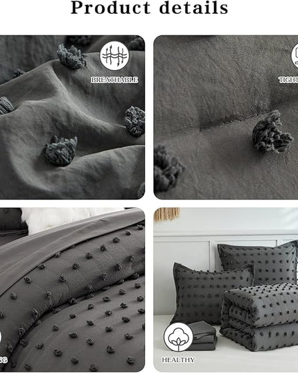 7 Pieces Tufted Dots Bed in a Bag Queen Comforter Set with Sheets Grey , Soft and Embroidery Shabby Chic Boho Comforters, Solid Color with Pom Pom Design, Jacquard Tufts Bedding Set for All Season - LeafyLoom