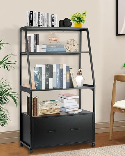 2 Drawer Lateral File Cabinet with Bookshelf, Industrial 4-Tier Filing Cabinet Printer Stand with Wheels, Ladder Shelf Stand with Open Storage for Home Office,Black - LeafyLoom