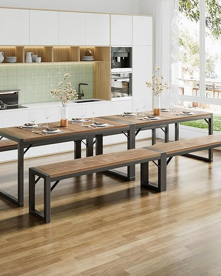 SHA CERLIN 3-Piece Dining Table Set with 2 Benches, Rustic Kitchen Table Set for 4-6, Space-Saving Dinette, Sturdy Structure, Easy Assemble, Brown/Grey - LeafyLoom