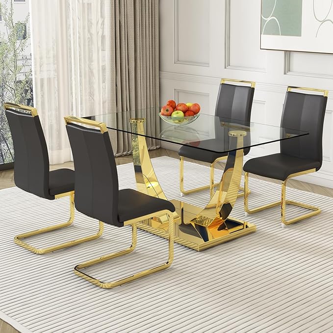 Modern Dining Chairs Set of 4,High Back Black Kitchen Chairs,Faux Leather Side Chair with Gold Plated Metal Legs,Easy to Clean Upholstered Dining Chairs,Ideal for Living Room(Gold Leg) - LeafyLoom