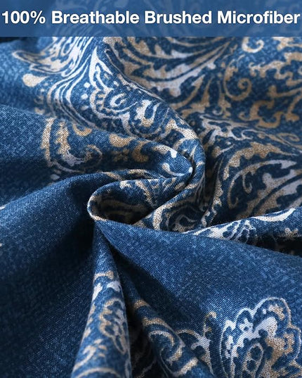 Printed Queen Bedding Sets with Comforter and Sheets, 7 Piece Bed in A Bag Comforter Set with Fluffy Microfiber, Vintage Navy Blue Plaid Paisley Pattern - LeafyLoom