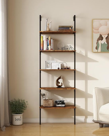 Panana Industrial 5 Tier Ladder Shelf, Open Space Book Shelf Wall Mount Bookshelf with Metal Frame Sturdy Bookcase for Living Room (Brown, 5 Tier) - LeafyLoom