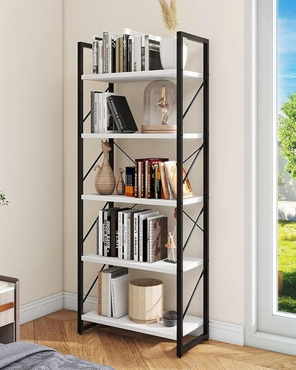 DWVO 5 Tier Bookshelf, White Bookcase Storage Shelves Organizer, Modern Display Rack Standing Book Shelves for Bedroom,Living Room,Office,Kitchen, White & Black - LeafyLoom