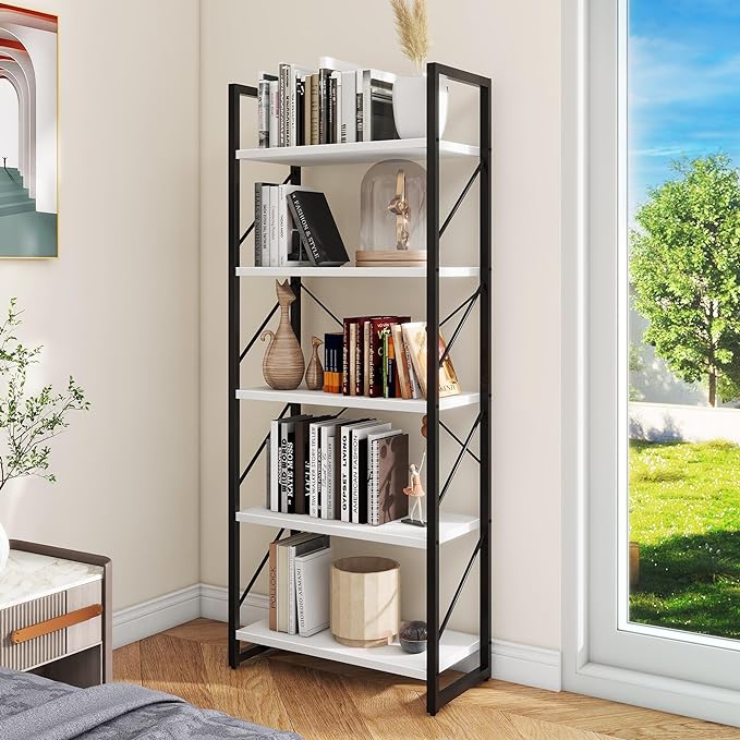 DWVO 5 Tier Bookshelf, White Bookcase Storage Shelves Organizer, Modern Display Rack Standing Book Shelves for Bedroom,Living Room,Office,Kitchen, White & Black - LeafyLoom