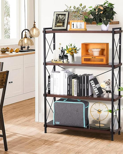 Industrial Bookshelf,Rustic Open Shelf Bookcase,4 Tier Book Shelf for Bedroom Office Living Room,Small Bookshelf for Small Spaces with Metal Frame - LeafyLoom