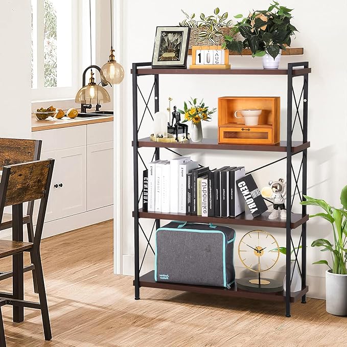 Industrial Bookshelf,Rustic Open Shelf Bookcase,4 Tier Book Shelf for Bedroom Office Living Room,Small Bookshelf for Small Spaces with Metal Frame - LeafyLoom