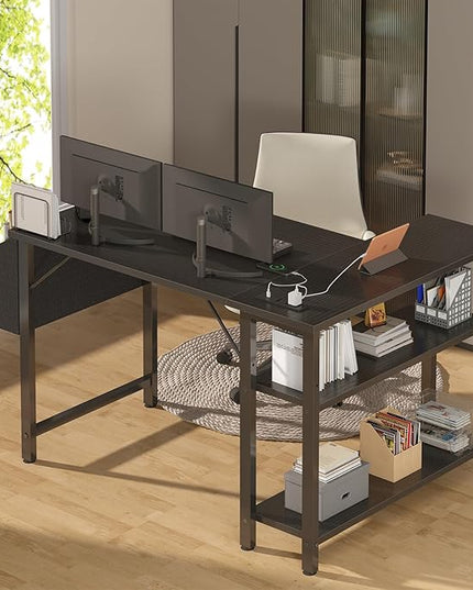Black L Shaped Gaming Computer Desk with Power Outlet Shelves, 40 Inch Small Corner Desk for Small Space Home Office, Study Work PC Desks for Bedroom, Black - LeafyLoom