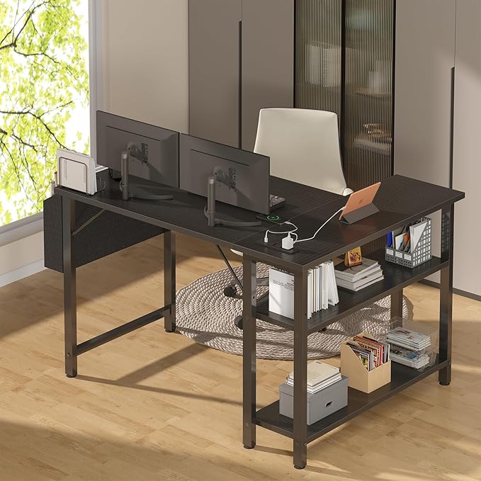 Black L Shaped Gaming Computer Desk with Power Outlet Shelves, 40 Inch Small Corner Desk for Small Space Home Office, Study Work PC Desks for Bedroom, Black - LeafyLoom