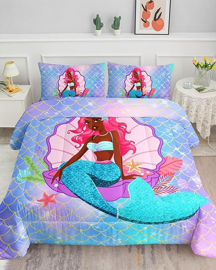 Datura home Bedding Comforter Set Black Girl Magic Mermaid Printed Pattern Quilt with 1 and 2 Pillowcases for Girls Bedroom All Season(Black Blue Twin) Twin 68x86inches - LeafyLoom