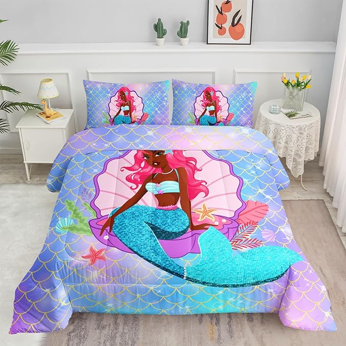 Datura home Bedding Comforter Set Black Girl Magic Mermaid Printed Pattern Quilt with 1 and 2 Pillowcases for Girls Bedroom All Season(Black Blue Twin) Twin 68x86inches - LeafyLoom