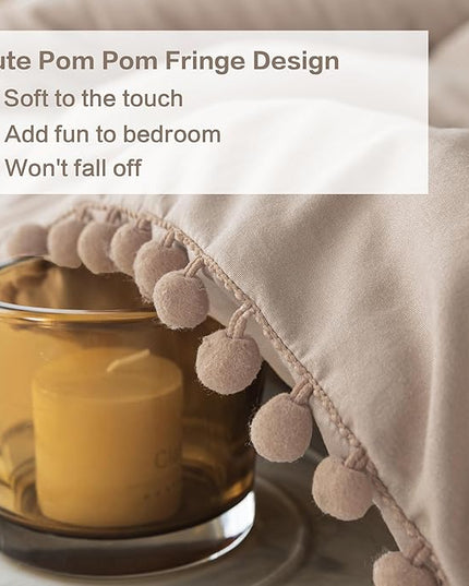 Litanika Comforter Full Size Set Taupe,3 Pieces Taupe Boho Pom Pom Lightweight Bed Comforter Full,All Season Soft Solid Color Bedding Comforter Sets (1 Comforter 79x90 Inch, 2 Pillowcases) - LeafyLoom