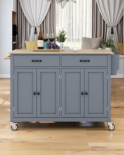 Solid Wood Top, Mobile Carts with Storage Cabinet, Rolling Kitchen Table w/Spice, Towel Rack, and Drawer, Portable Islands on Wheels, Gray, 54.33 Inch - LeafyLoom