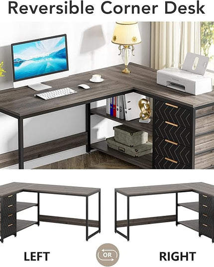 59-Inch L Shaped Desk with Drawers, Large Computer Desk with Storage Shelves, Reversible L-Shaped Corner Desk Workstation for Home Office - LeafyLoom