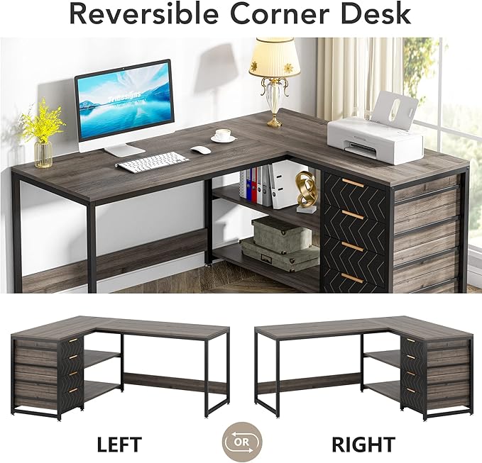 59-Inch L Shaped Desk with Drawers, Large Computer Desk with Storage Shelves, Reversible L-Shaped Corner Desk Workstation for Home Office - LeafyLoom