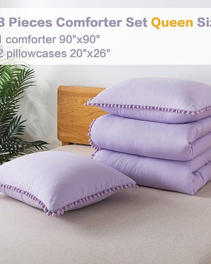 Litanika Queen Size Comforter Set Lavender Purple,3 Pieces Lavender Purple Boho Pom Pom Lightweight Bed Comforter, All Season Soft Bedding Comforter Sets (1 Comforter 90x90 Inch, 2 Pillowcases) - LeafyLoom