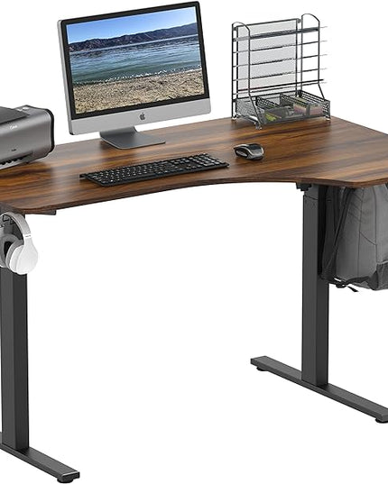 SHW 55-Inch L-Shaped Electric Height Adjustable L-Shaped Standing Desk with Right Facing Corner, Walnut - LeafyLoom