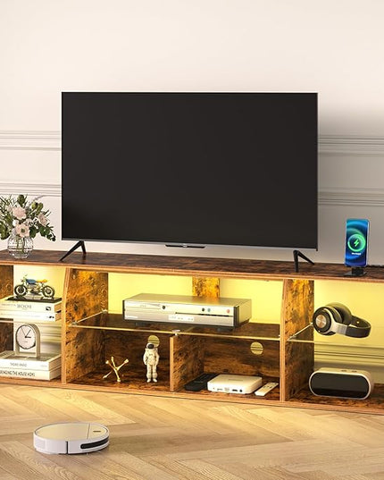 VECELO LED TV Stand with Lights & Power Outlet for 70 inch Gaming Entertainment Center with 7 Open Storage Shelves, Industrial Television Cabinet for Living Room, Bedroom, Retro Brown, 70inch - LeafyLoom