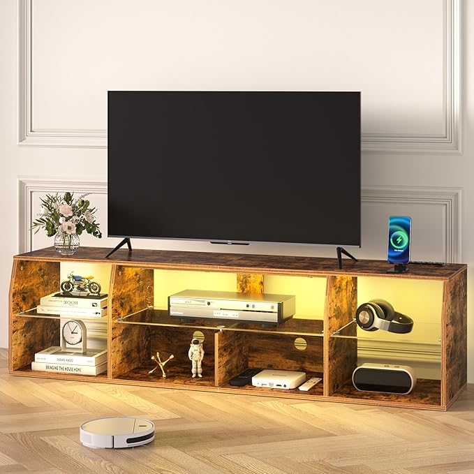 VECELO LED TV Stand with Lights & Power Outlet for 70 inch Gaming Entertainment Center with 7 Open Storage Shelves, Industrial Television Cabinet for Living Room, Bedroom, Retro Brown, 70inch - LeafyLoom