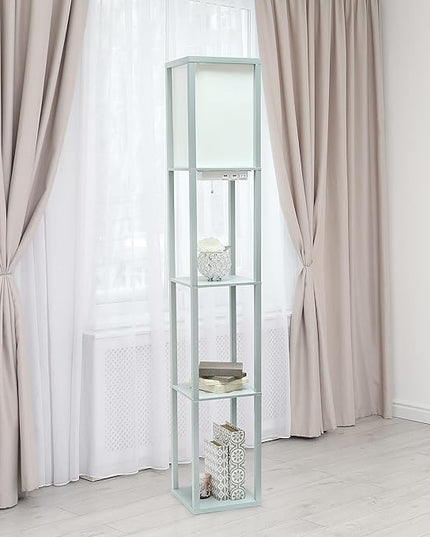 Simple Designs LF1037-GRY Organizer Storage Shelf with 2 Ports, 1 Charging Outlet and Linen Shade USB Etagere Floor Lamp, Gray - LeafyLoom
