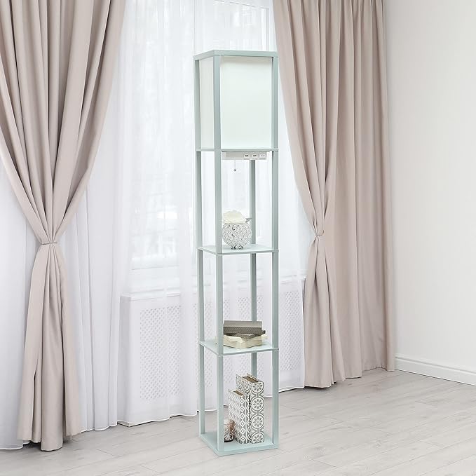 Simple Designs LF1037-GRY Organizer Storage Shelf with 2 Ports, 1 Charging Outlet and Linen Shade USB Etagere Floor Lamp, Gray - LeafyLoom