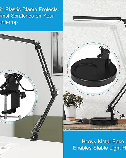 LED Desk Lamp with Clamp and Round Base,Eye Caring Table Lamp with Swing Arm,3 Color Modes 10 Brightness Levels,Memory Function, Desk Light for Home Office with USB Adapter Black-14W - LeafyLoom