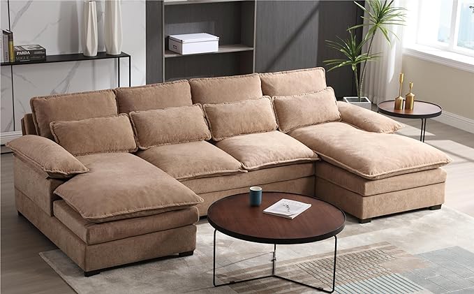 Symmetrical Modular Sectional Sofa with Chaise Lounge, 6 Seater Fabric Upholstered Cloud Couch, U Shaped Oversized Sleeper Sofa&Couches with Thicked Cushion & Detackable Backrest Living Room - LeafyLoom