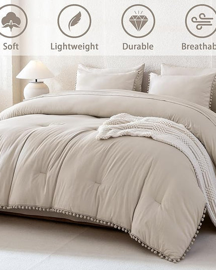 Litanika Queen Size Comforter Set Linen Grey,3 Pieces Linen Grey Boho Pom Pom Lightweight Bed Comforter, All Season Soft Solid Color Bedding Comforter Sets (1 Comforter 90x90 Inch, 2 Pillowcases) - LeafyLoom