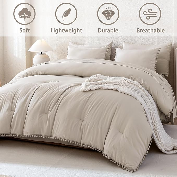 Litanika Queen Size Comforter Set Linen Grey,3 Pieces Linen Grey Boho Pom Pom Lightweight Bed Comforter, All Season Soft Solid Color Bedding Comforter Sets (1 Comforter 90x90 Inch, 2 Pillowcases) - LeafyLoom