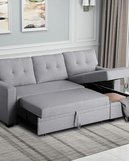 4-in-1 Convertible L Shaped Couch with Pull Out Bed and Storage Sectional Sleeper Sofa with Reversible Chaise for Living Room, Apartment, Bedroom, Office, Silver - LeafyLoom
