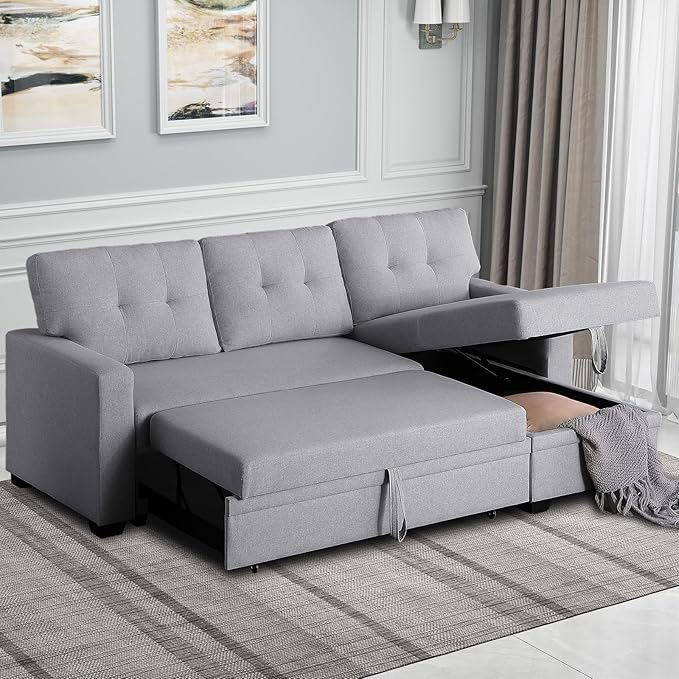 4-in-1 Convertible L Shaped Couch with Pull Out Bed and Storage Sectional Sleeper Sofa with Reversible Chaise for Living Room, Apartment, Bedroom, Office, Silver - LeafyLoom