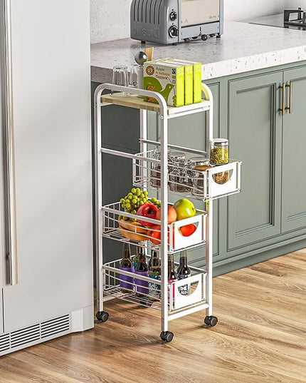 Slim Rolling Storage Cart Small Narrow Kitchen Metal Storage Cart with Lockable Wheels Slim Laundry Bathroom Storage Cart with Wooden top for Kitchen Laundry Narrow Places with Pull-Out Basket Grey - LeafyLoom