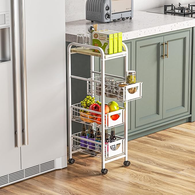 Slim Rolling Storage Cart Small Narrow Kitchen Metal Storage Cart with Lockable Wheels Slim Laundry Bathroom Storage Cart with Wooden top for Kitchen Laundry Narrow Places with Pull-Out Basket Grey - LeafyLoom