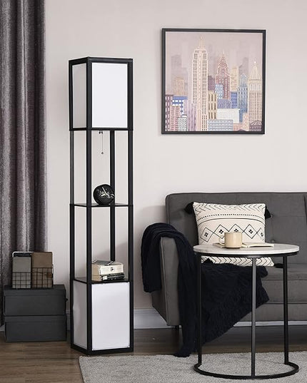 HOMCOM Modern Floor Lamp with Shelves & Dual Ambient Lighting, Tall Standing Lamp for Living Room, Bedroom with Fabric Lampshade (Bulb not Included), Black - LeafyLoom
