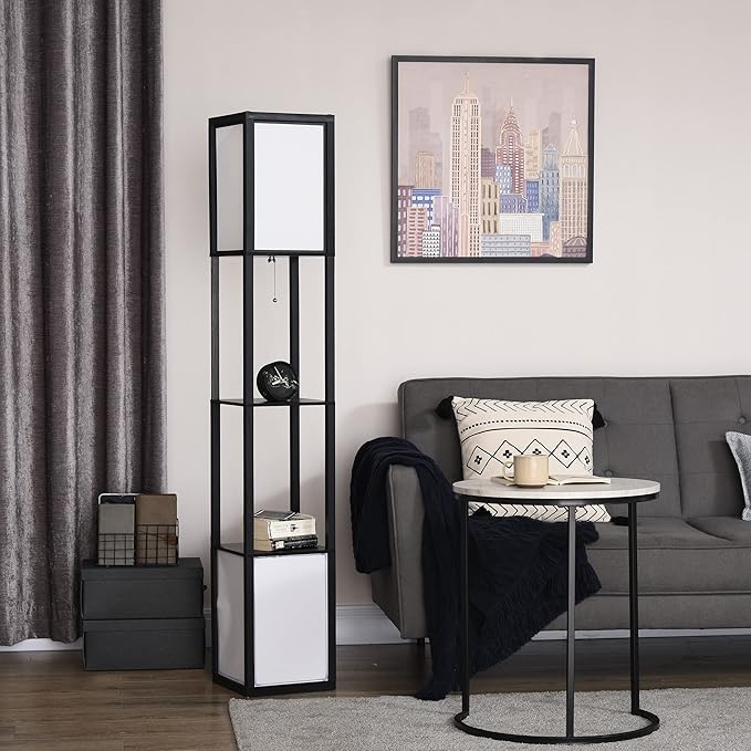 HOMCOM Modern Floor Lamp with Shelves & Dual Ambient Lighting, Tall Standing Lamp for Living Room, Bedroom with Fabric Lampshade (Bulb not Included), Black - LeafyLoom