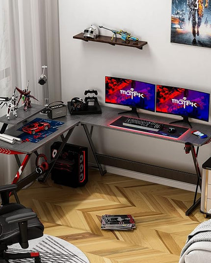 MOTPK L Shaped Gaming Desk 66 Inch, Gaming Computer Desk L Shape with Carbon Fiber Surface, Gamer Desk Gaming Table with Monitor Shelf, Cup Holder & Headphone Hook, Black - LeafyLoom