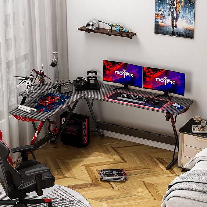 MOTPK L Shaped Gaming Desk 66 Inch, Gaming Computer Desk L Shape with Carbon Fiber Surface, Gamer Desk Gaming Table with Monitor Shelf, Cup Holder & Headphone Hook, Black - LeafyLoom