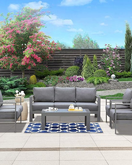 Wisteria Lane Aluminum Outdoor Patio Furniture Set, Modern Patio Conversation Sets, Outdoor Sectional Metal Sofa with 5 Inch Cushion and Coffee Table for Balcony, Garden, Dark Grey - LeafyLoom