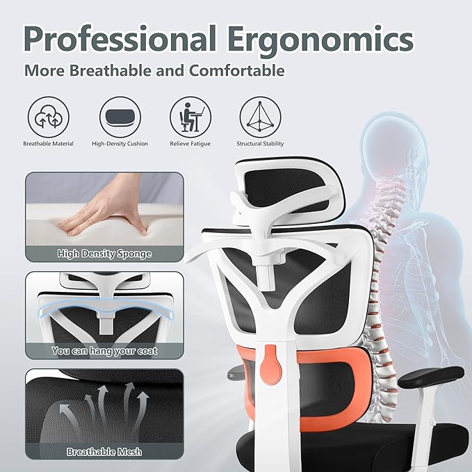 Office Chair Ergonomic Desk Chair, High Back Gaming Chair, Big and Tall Reclining chair Comfy Home Office Desk Chair Lumbar Support Breathable Mesh Computer Chair Adjustable Armrests(W-Orange) - LeafyLoom