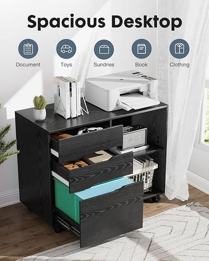 DUMOS Lateral File Cabinet with 3 Drawers Rolling Wooden Printer Stand Under Desk Storage Organizer with 4 Wheels Adjustable Shelf for Office Home, Black - LeafyLoom
