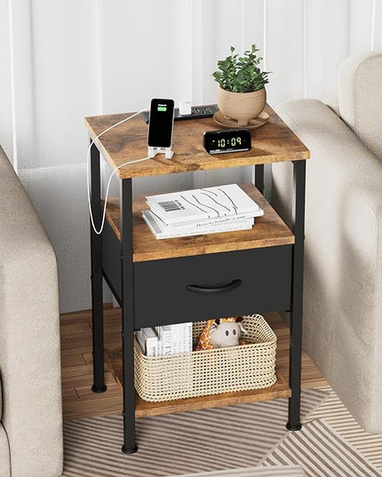 Fixwal Night Stand with Charging Station, Adjustable Bed Side Table with Fabric Drawer, Farmhouse End Table Bedroom, Bedside Table with Storage, Rustic Brown - LeafyLoom