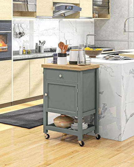 HOMCOM Utility Kitchen Cart, Rolling Kitchen Island with Smooth Rubberwood Top, Narrow Butcher Block Surface on Wheels with Storage Drawer & Cabinet, Gray - LeafyLoom
